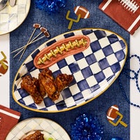 Indigo Check Ceramic Football Platter