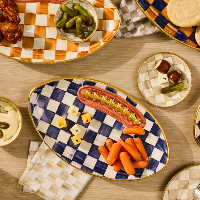 Indigo Check Ceramic Football Platter image number 1