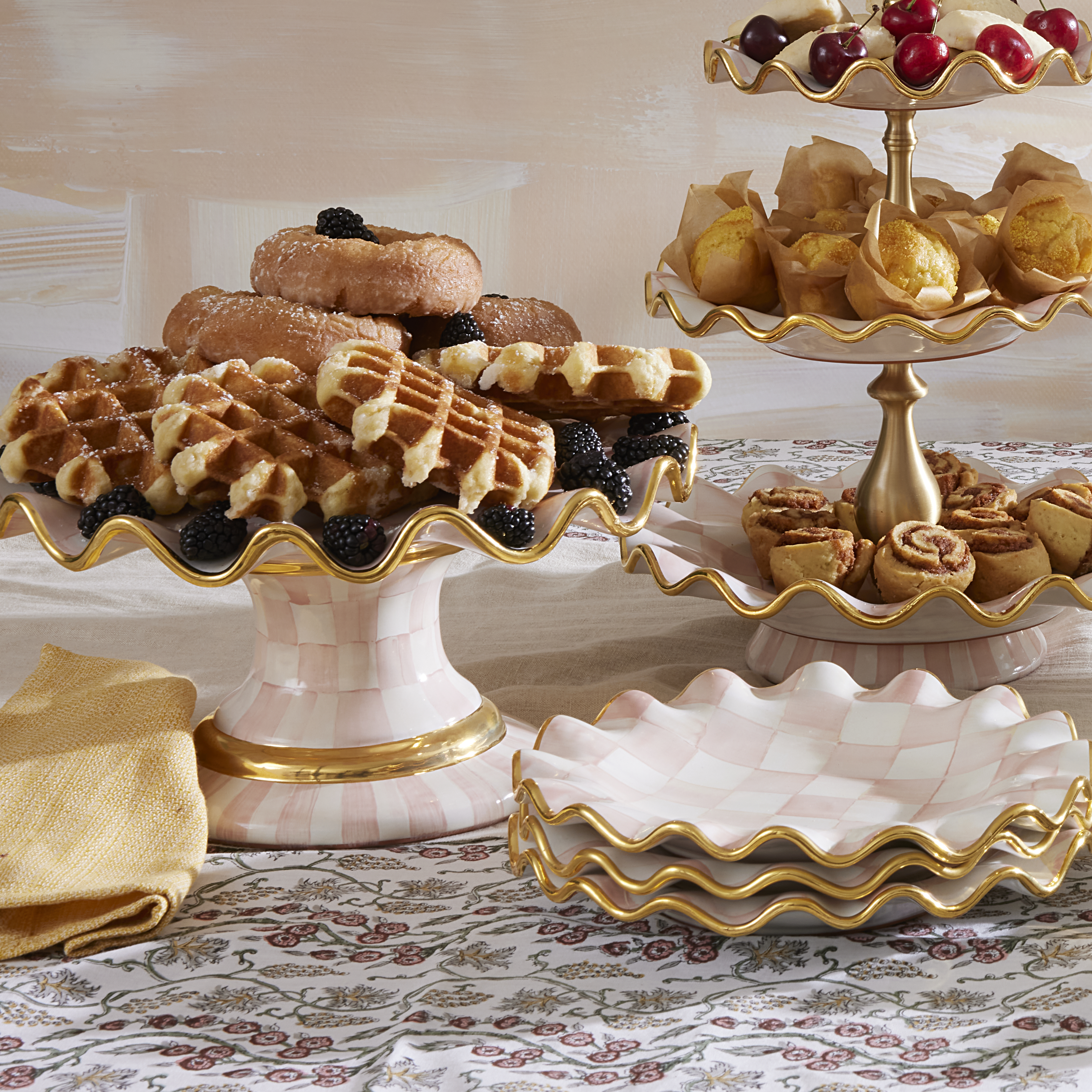 MacKenzie-Childs | Rosy Check Ceramic Fluted Cake Stand