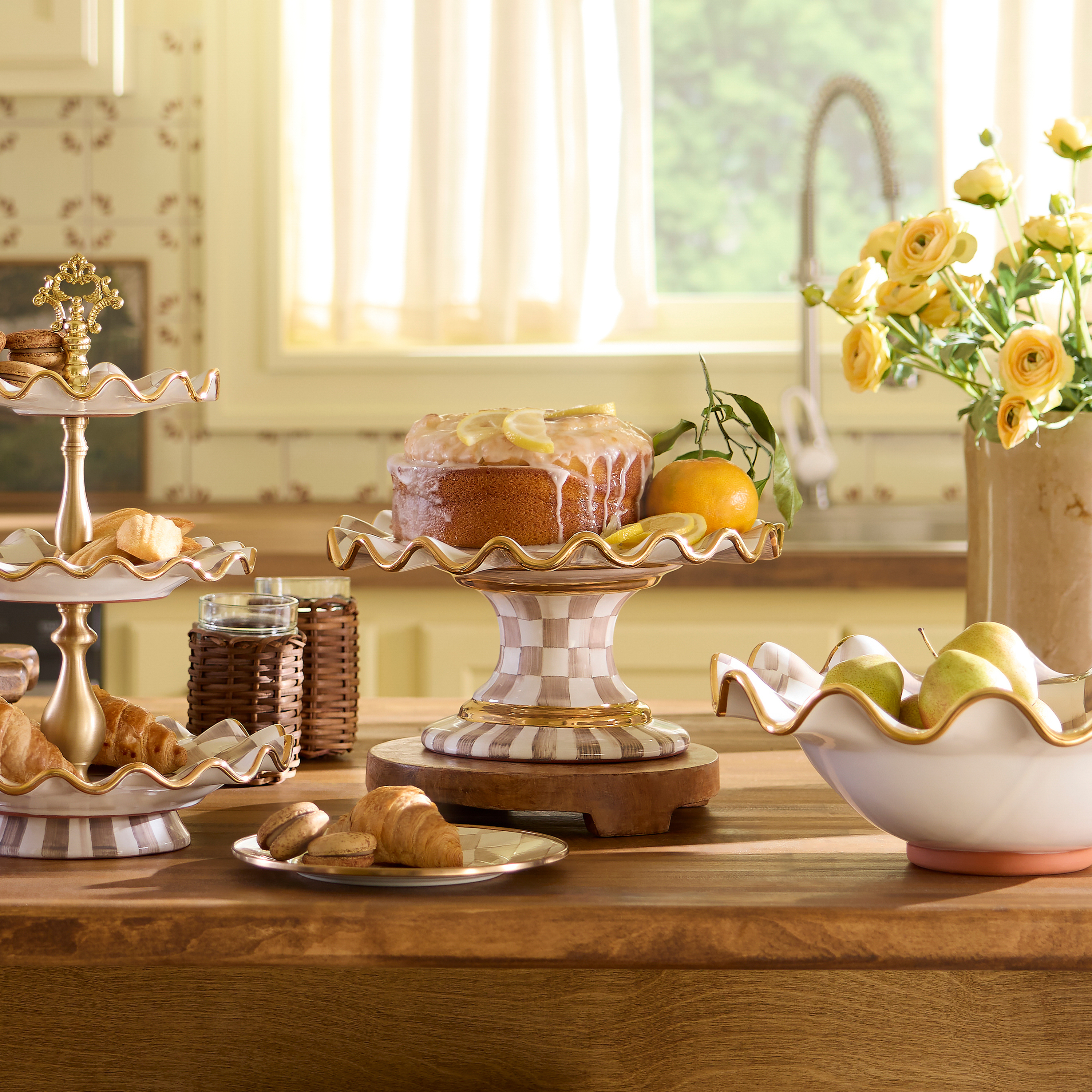 MacKenzie-Childs | Mocha Check Ceramic Fluted Cake Stand