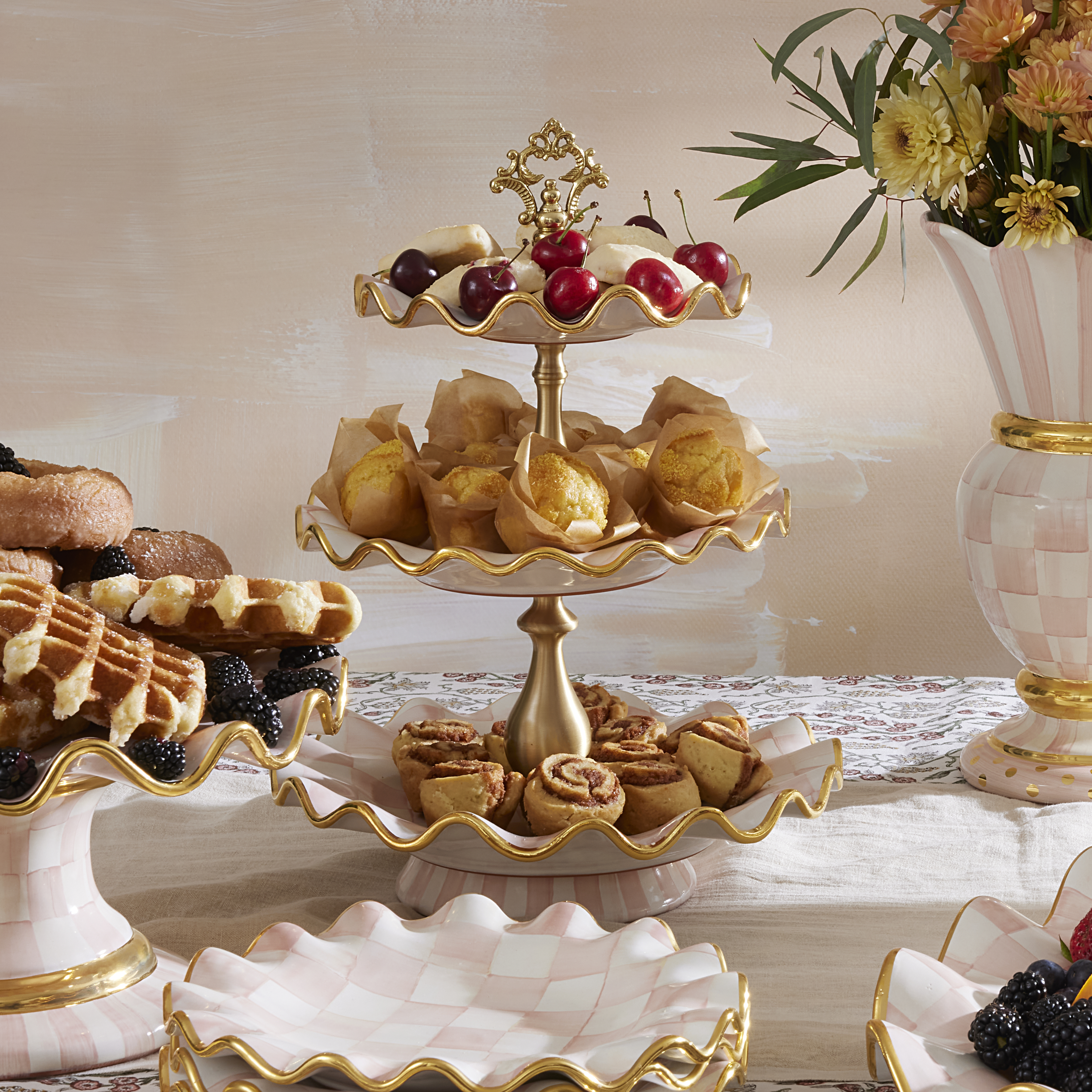 MacKenzie-Childs | Rosy Check Ceramic Three Tier Sweet Stand