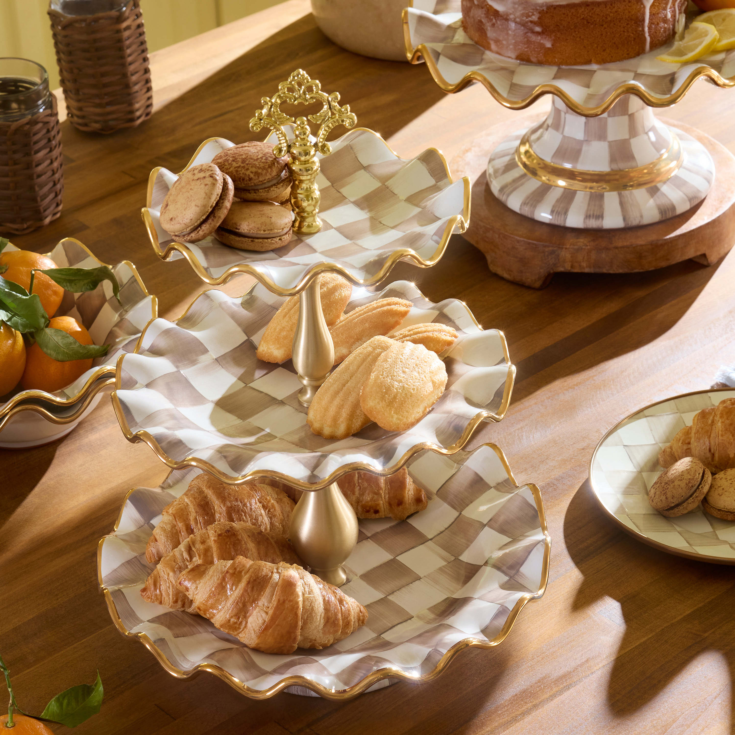 MacKenzie-Childs | Mocha Check Ceramic Three Tier Sweet Stand