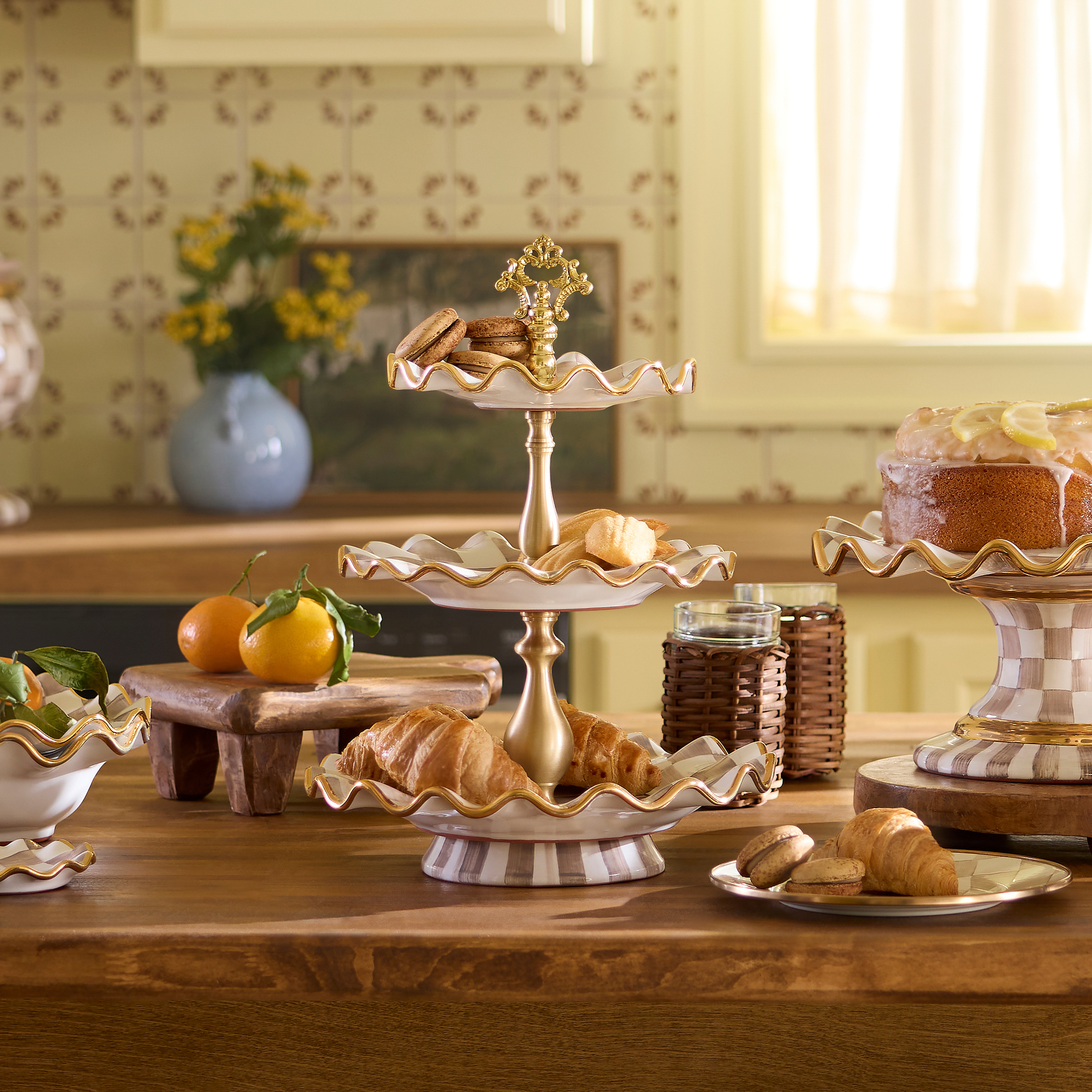 MacKenzie-Childs | Mocha Check Ceramic Three Tier Sweet Stand