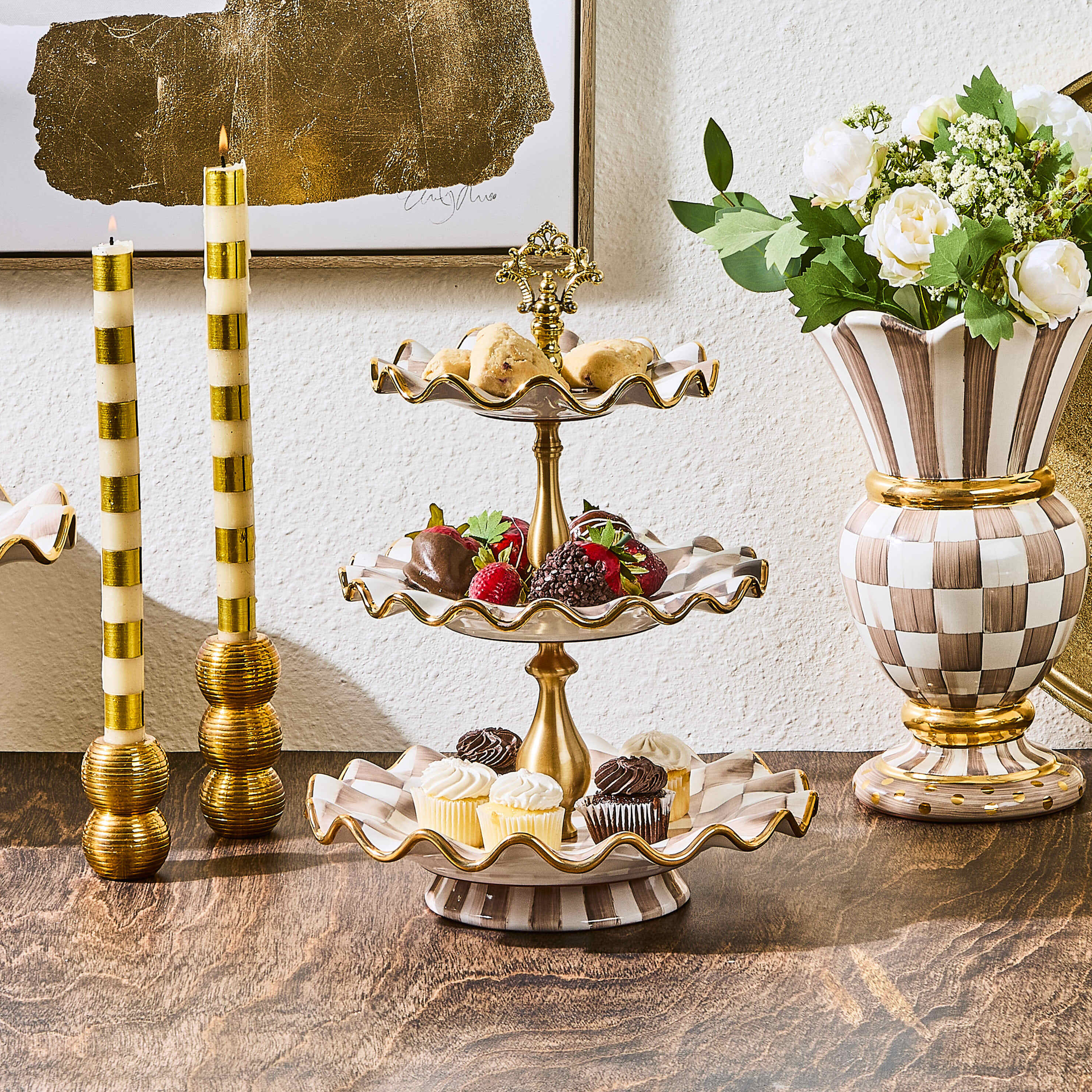 MacKenzie-Childs | Mocha Check Ceramic Three Tier Sweet Stand