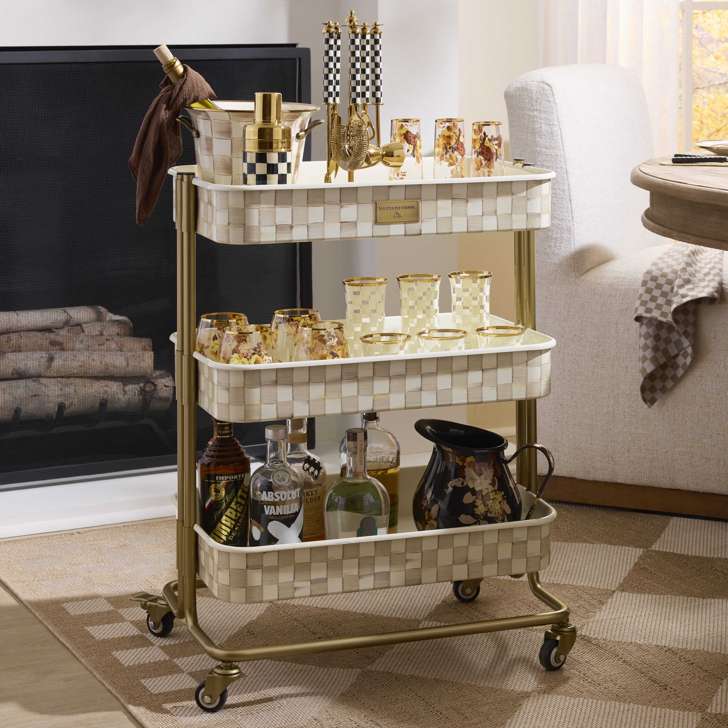MacKenzie-Childs | Mocha Check 3-Tier Kitchen Cart