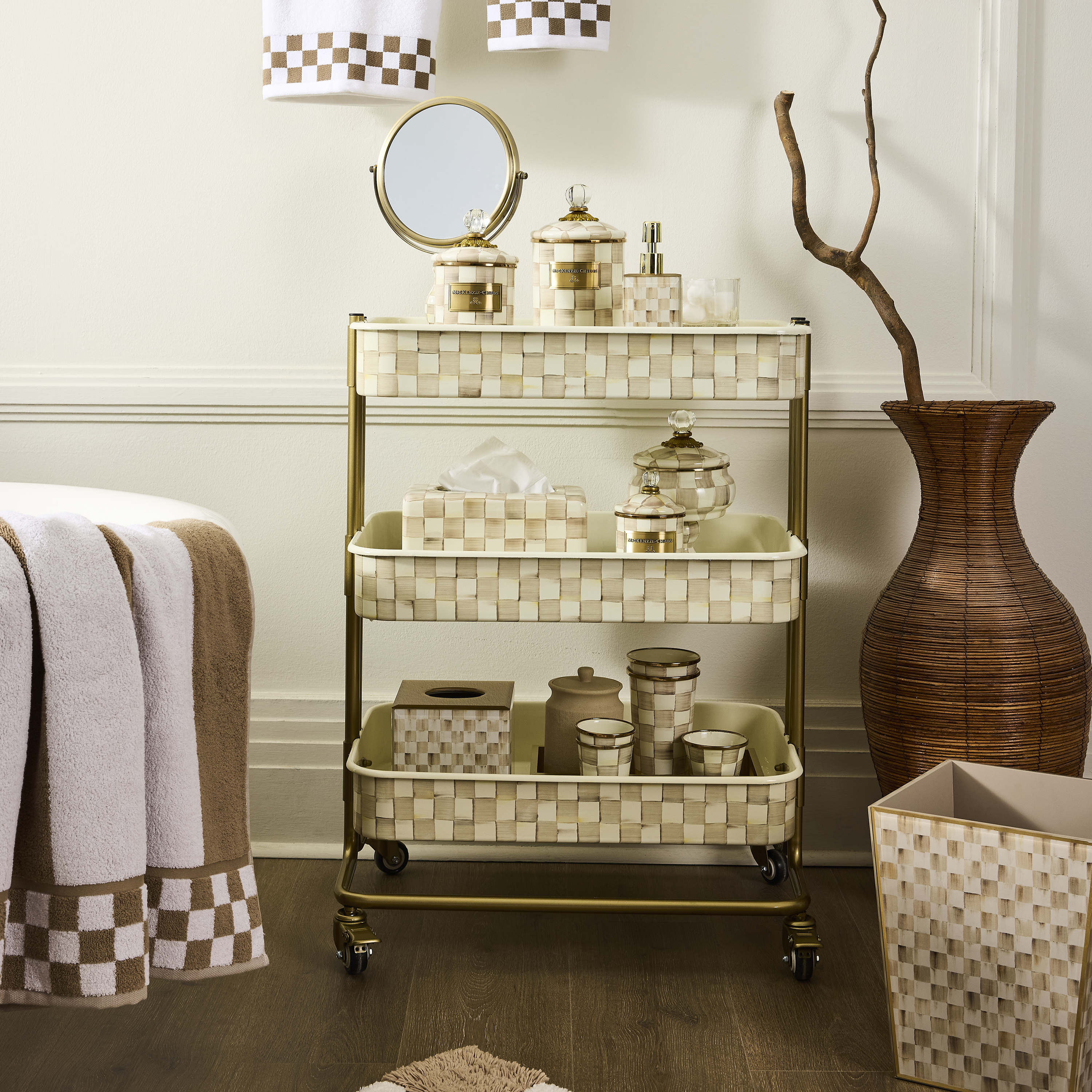 MacKenzie-Childs | Mocha Check 3-Tier Kitchen Cart