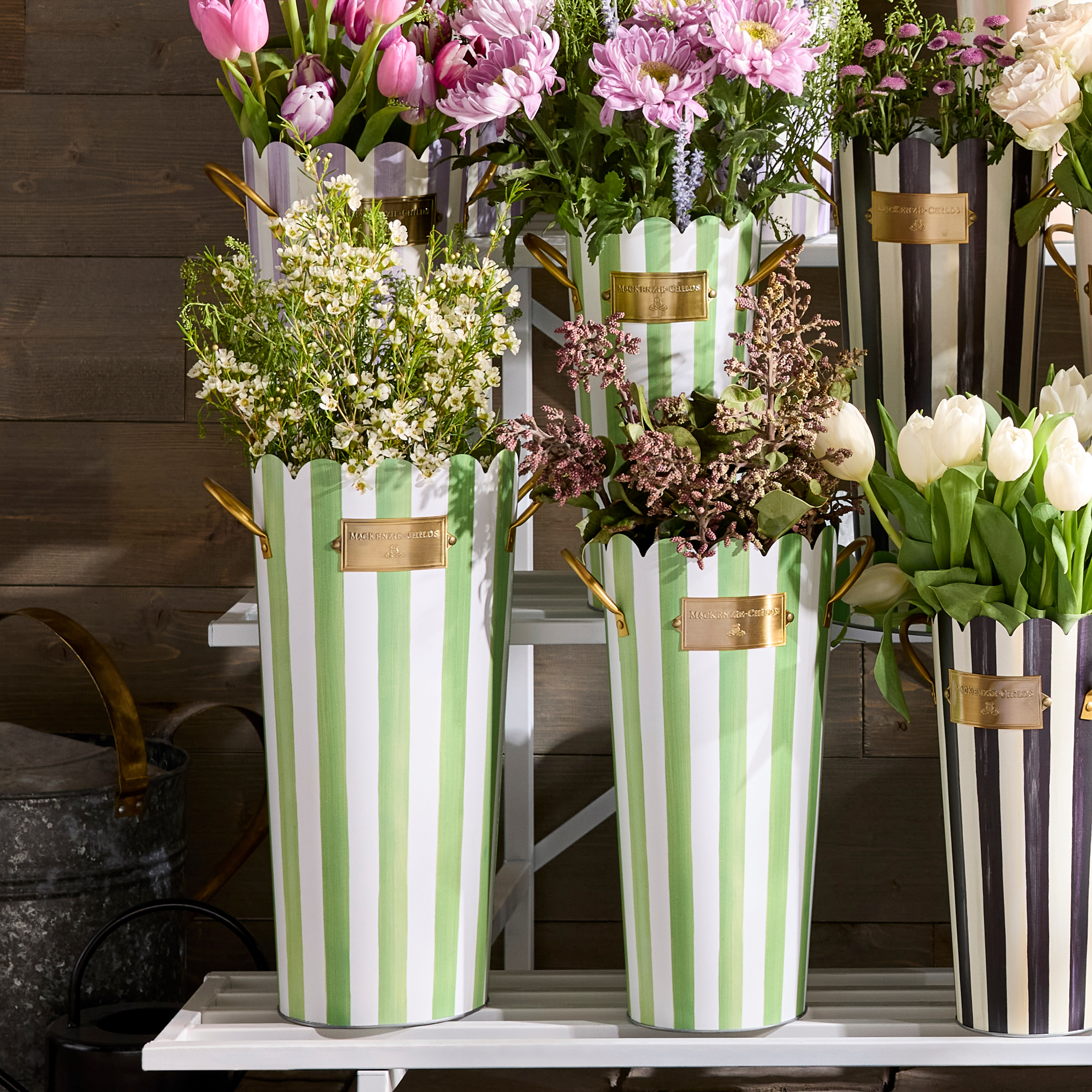 MacKenzie-Childs | Grass Green Stripe Flower Buckets, Set of 3