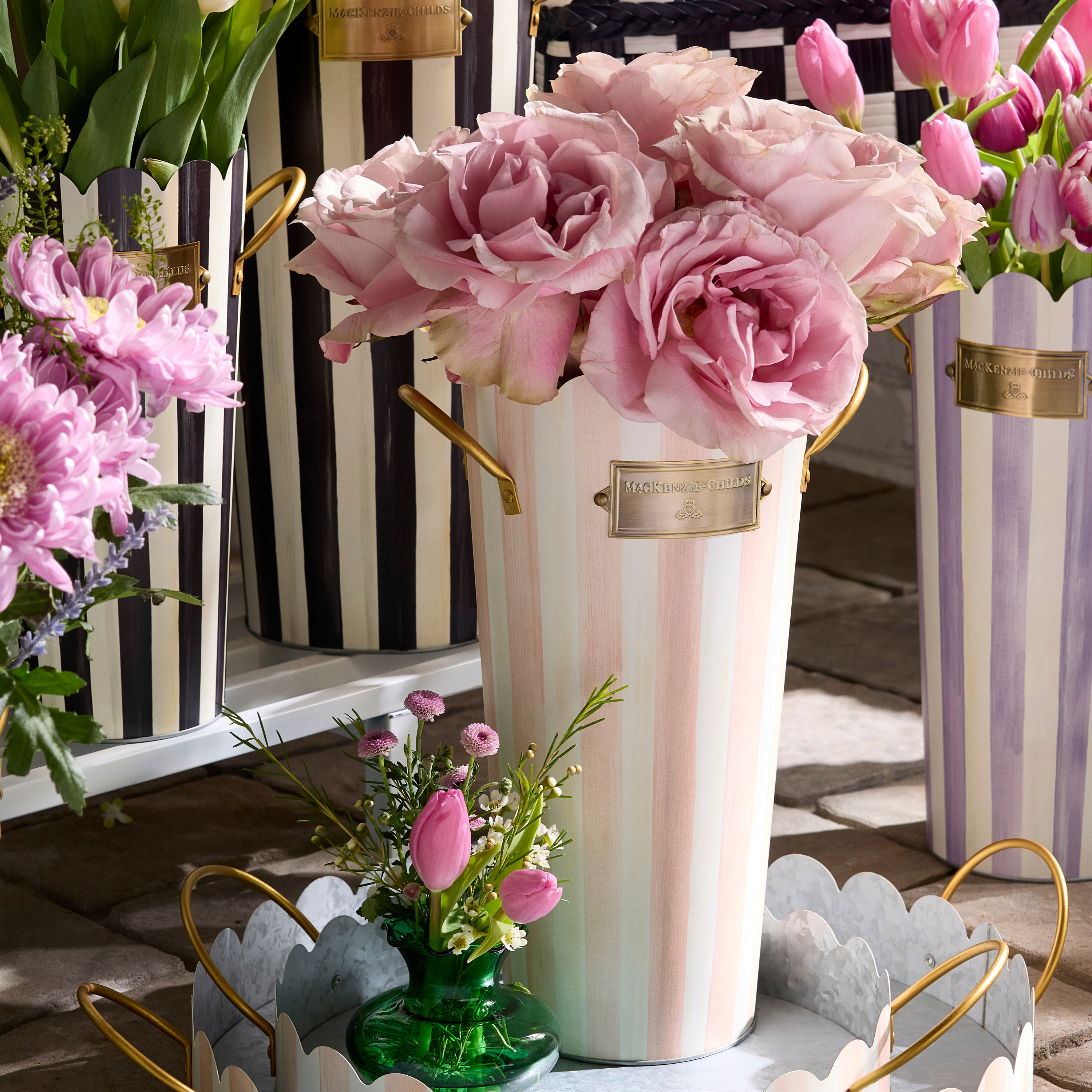 MacKenzie-Childs | Rosy Stripe Flower Buckets, Set of 3