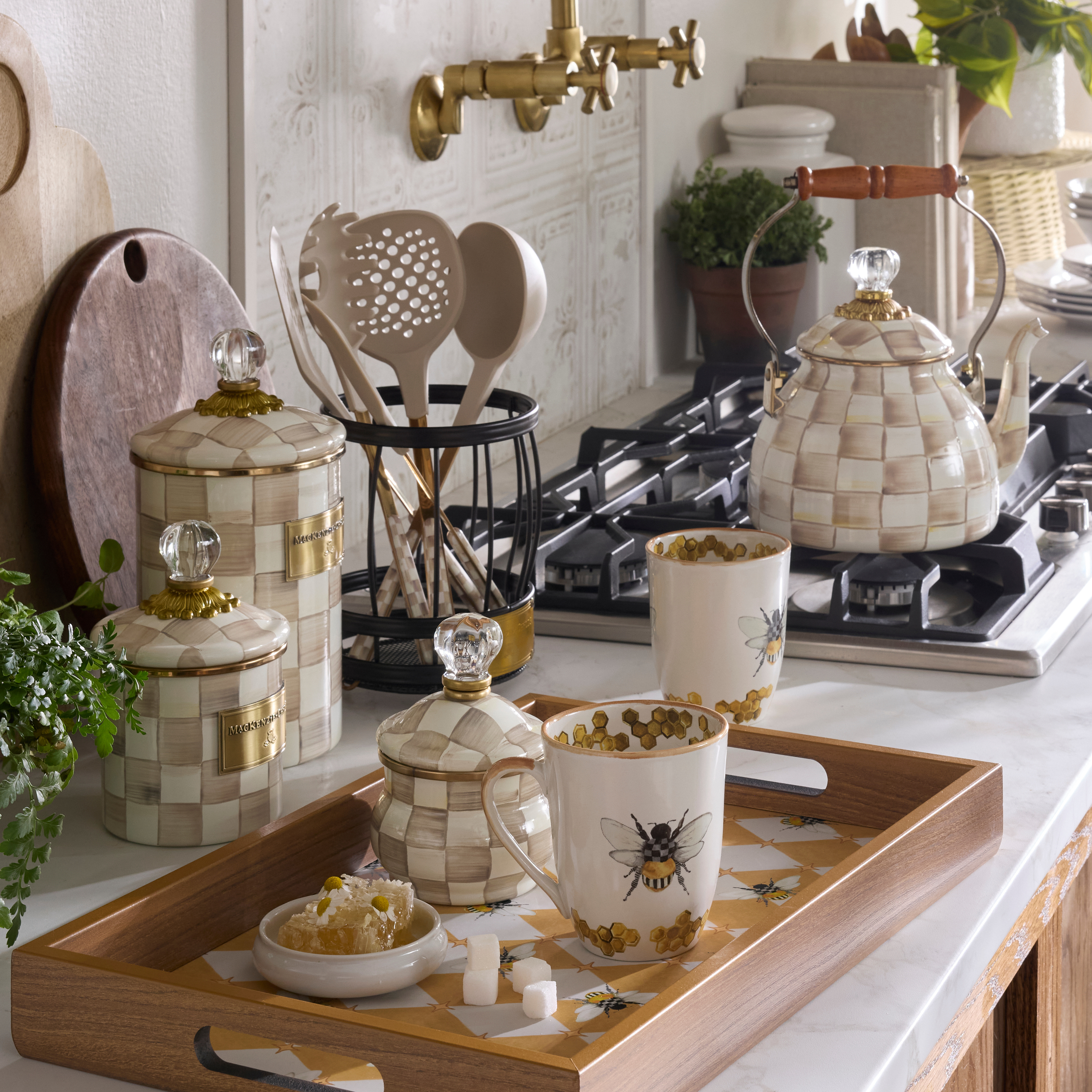 MacKenzie-Childs | Mocha Check Utensil Caddy Set