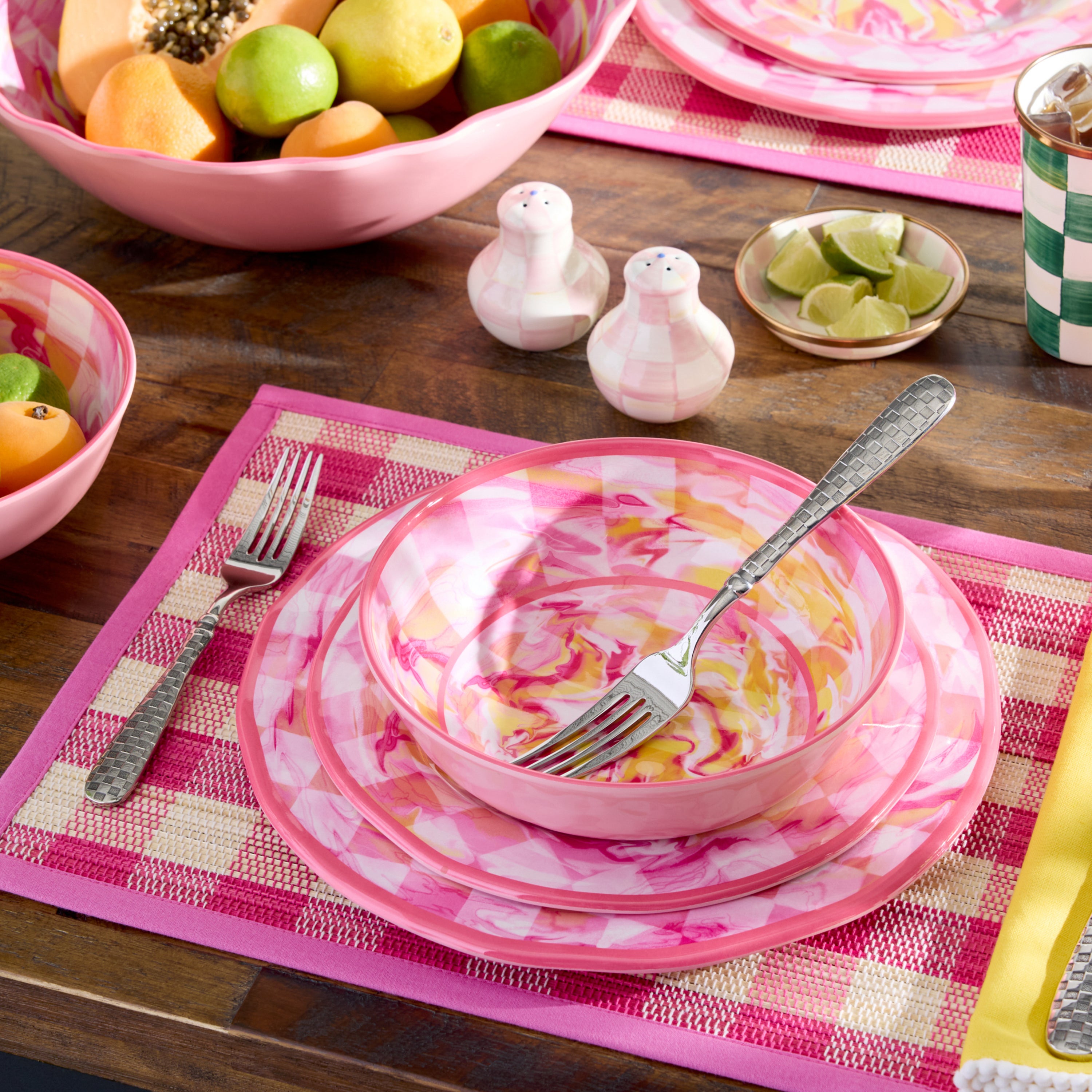 MacKenzie-Childs | Pink Woven Check Straw Placemats, Set of 4