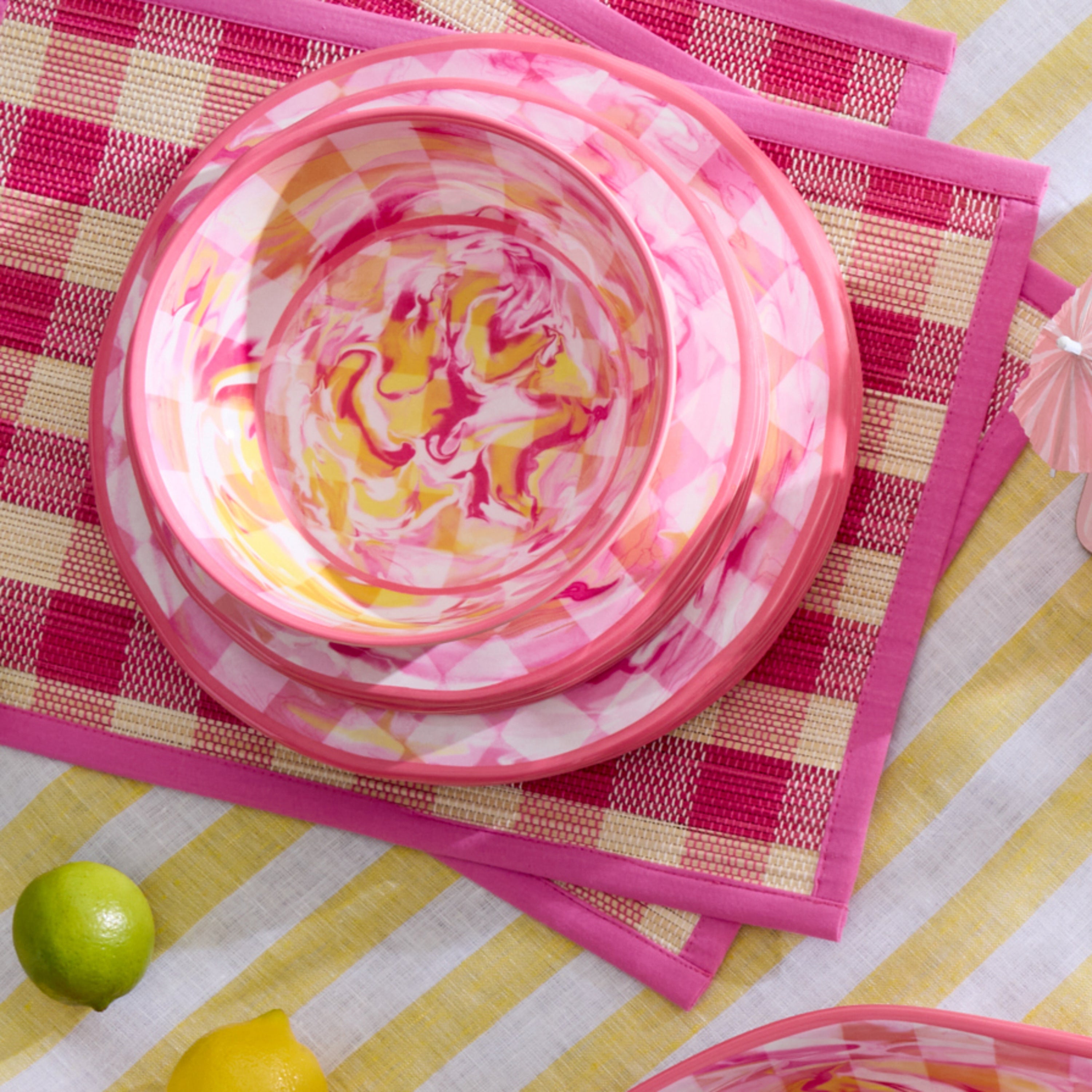 MacKenzie-Childs | Pink Woven Check Straw Placemats, Set of 4