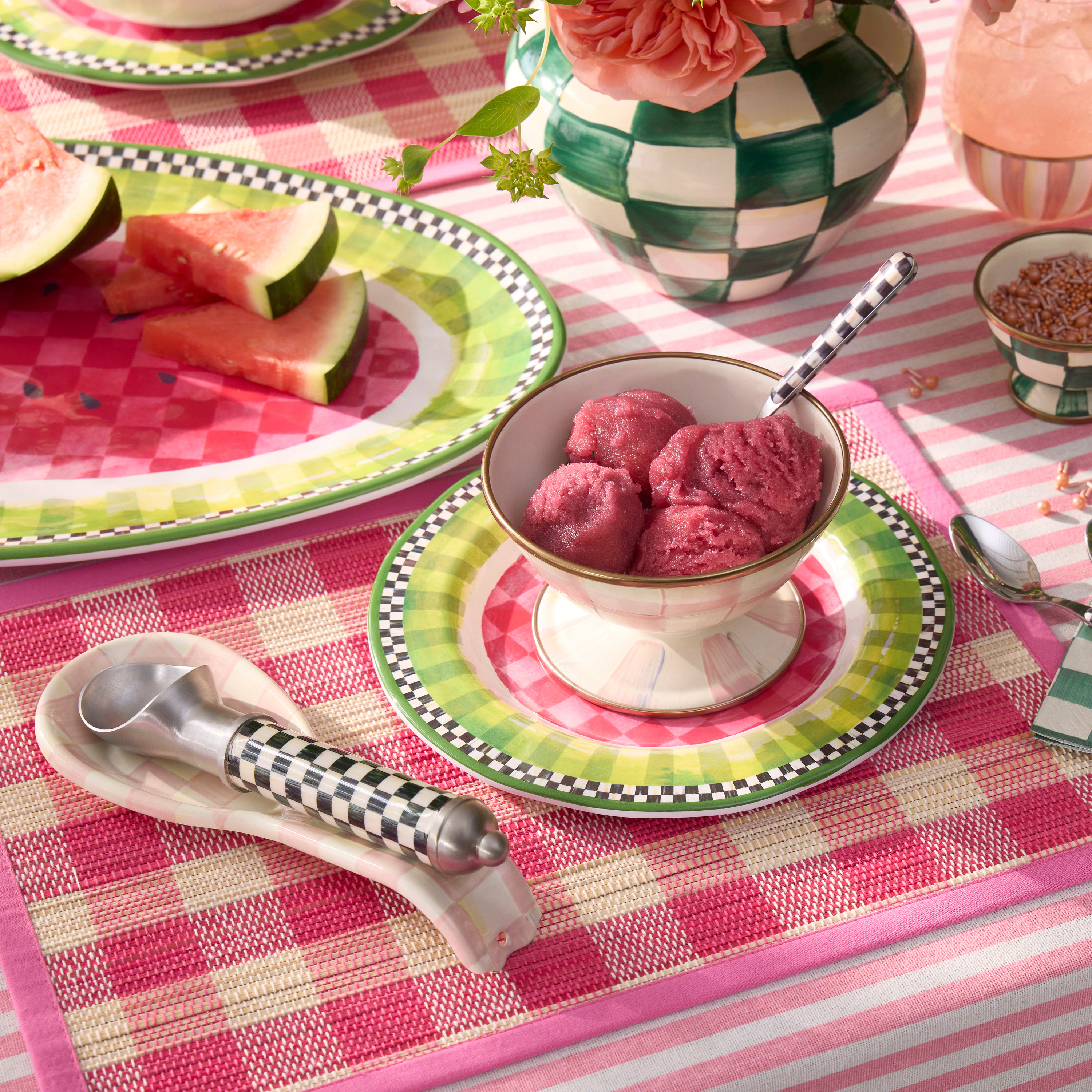 MacKenzie-Childs | Pink Woven Check Straw Placemats, Set of 4