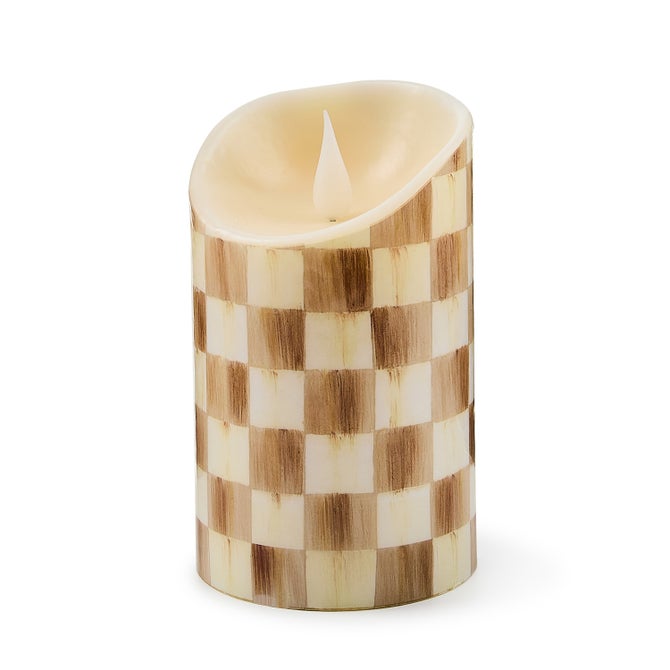 Mocha Check Flameless 5" Pillar Candle image number 0