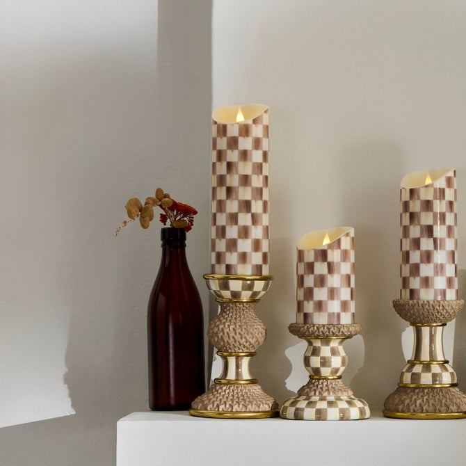 Mocha Check Flameless 9" Pillar Candle image number 1