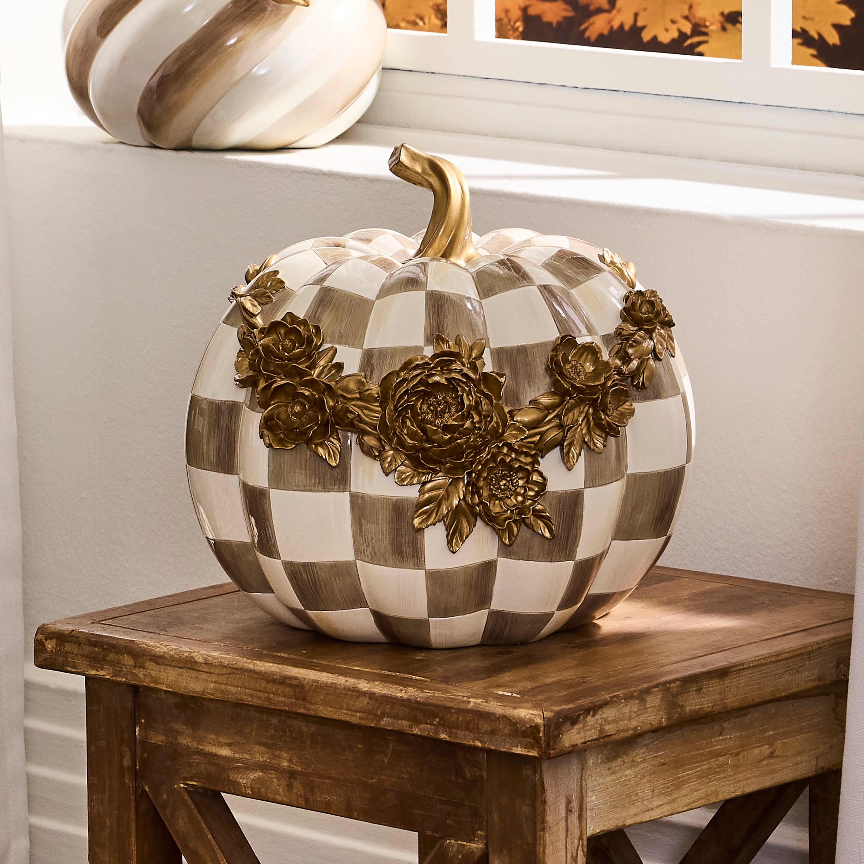 MacKenzie-Childs | Mocha Check Floral Garland Pumpkin