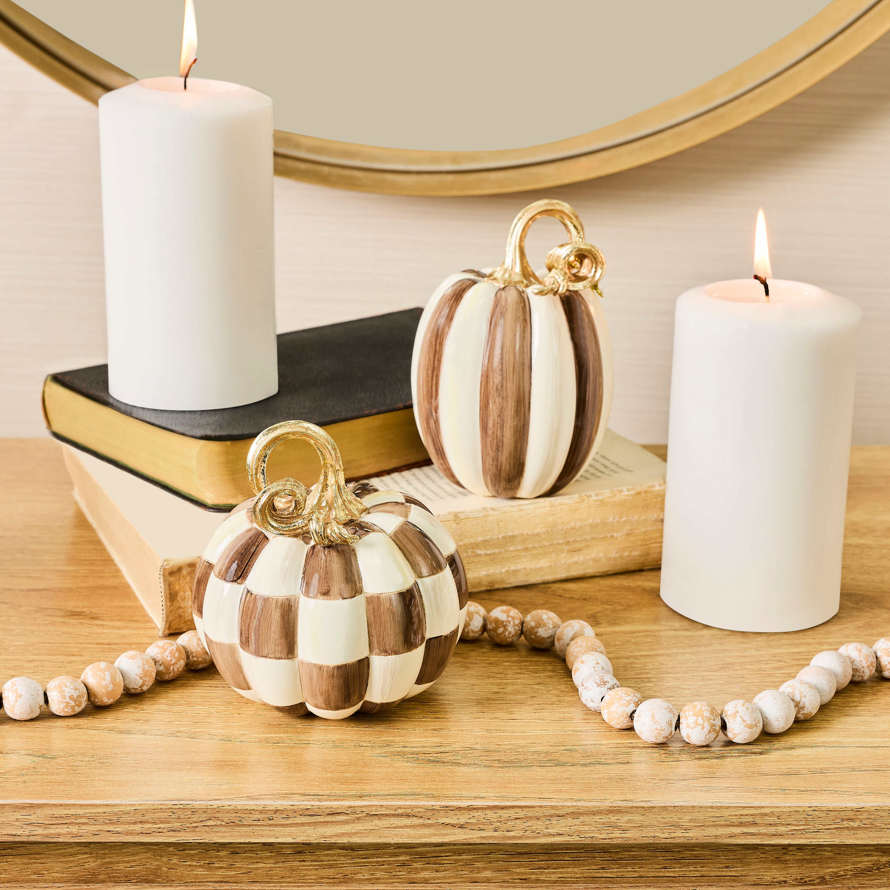 MacKenzie-Childs | Chocolate Check and Stripe Petite Pumpkins, Set