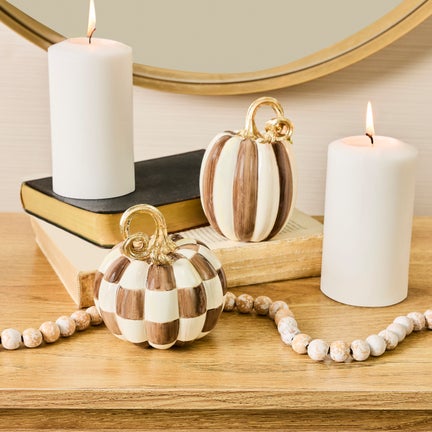Chocolate Check and Stripe Petite Pumpkins, Set of 2