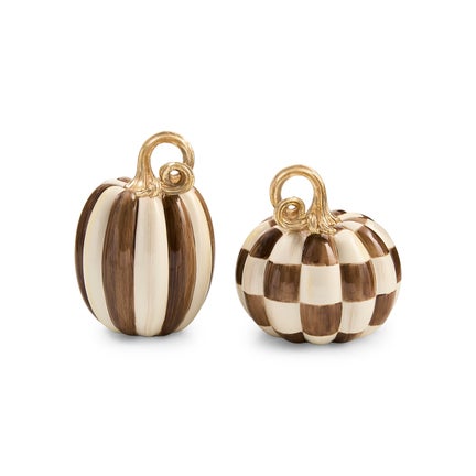 Chocolate Check and Stripe Petite Pumpkins, Set of 2