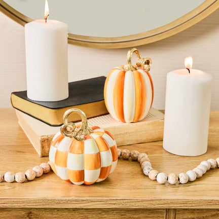Orange Check and Stripe Petite Pumpkins, Set of 2