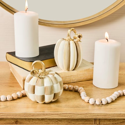 Mocha Check and Stripe Petite Pumpkins, Set of 2