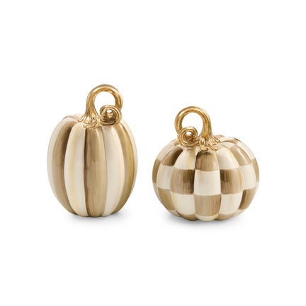 Mocha Check and Stripe Petite Pumpkins, Set of 2