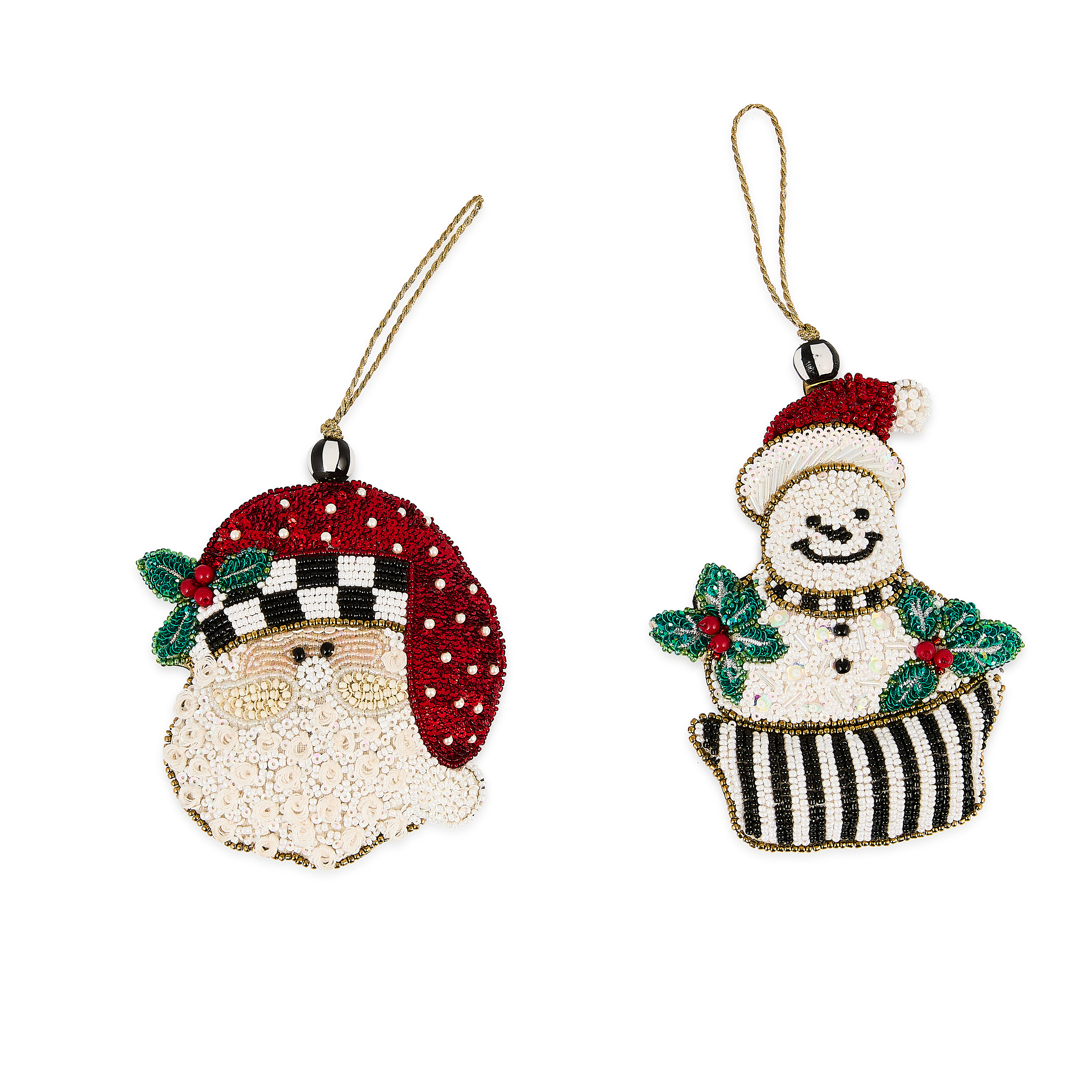 MacKenzie-Childs | Holiday Beaded Santa & Snowman Ornaments, Set of 2