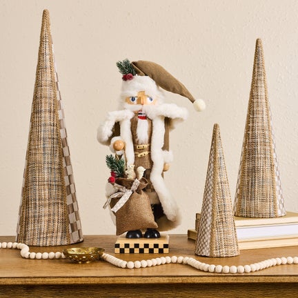 Mocha Check Wood Santa Nutcracker