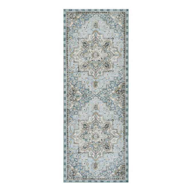 Heriz Checked Aqua 2'6" x 8' Washable Runner image number 0