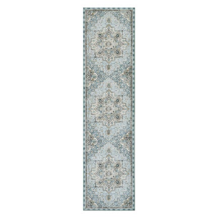 Heriz Checked Aqua 2'6" x 10' Washable Runner