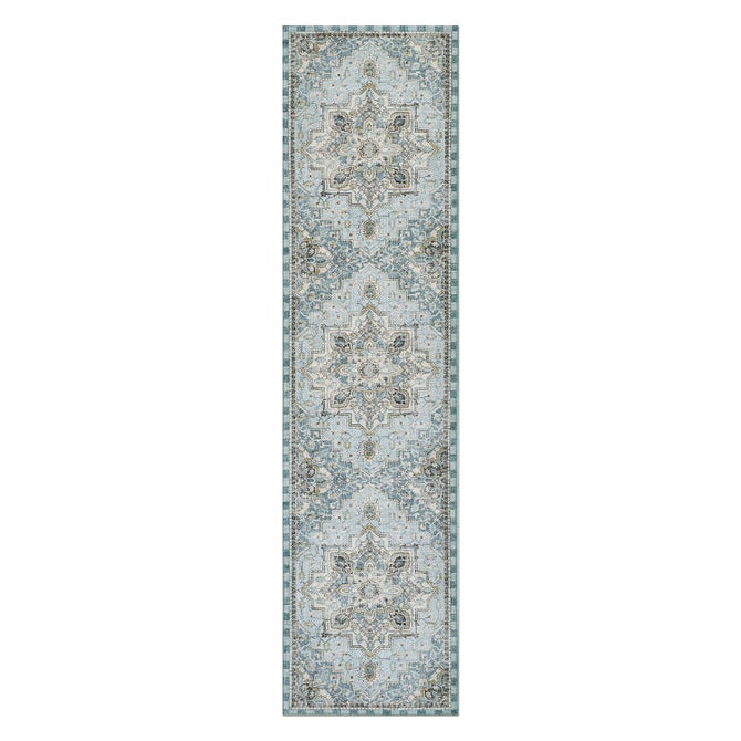 Heriz Checked Aqua 2'6" x 10' Washable Runner image number 0
