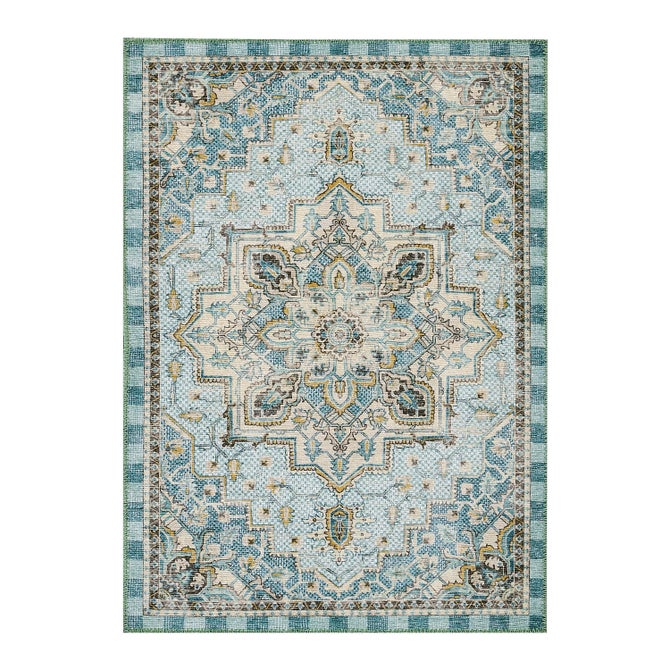 Heriz Checked Aqua 5' x 7'6" Washable Rug image number 0