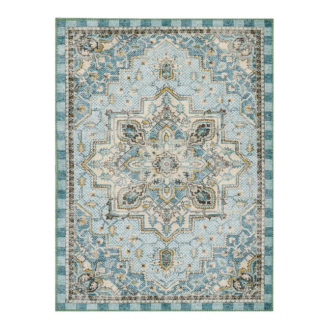 Heriz Checked Aqua 8' x 10' Washable Rug image number 0