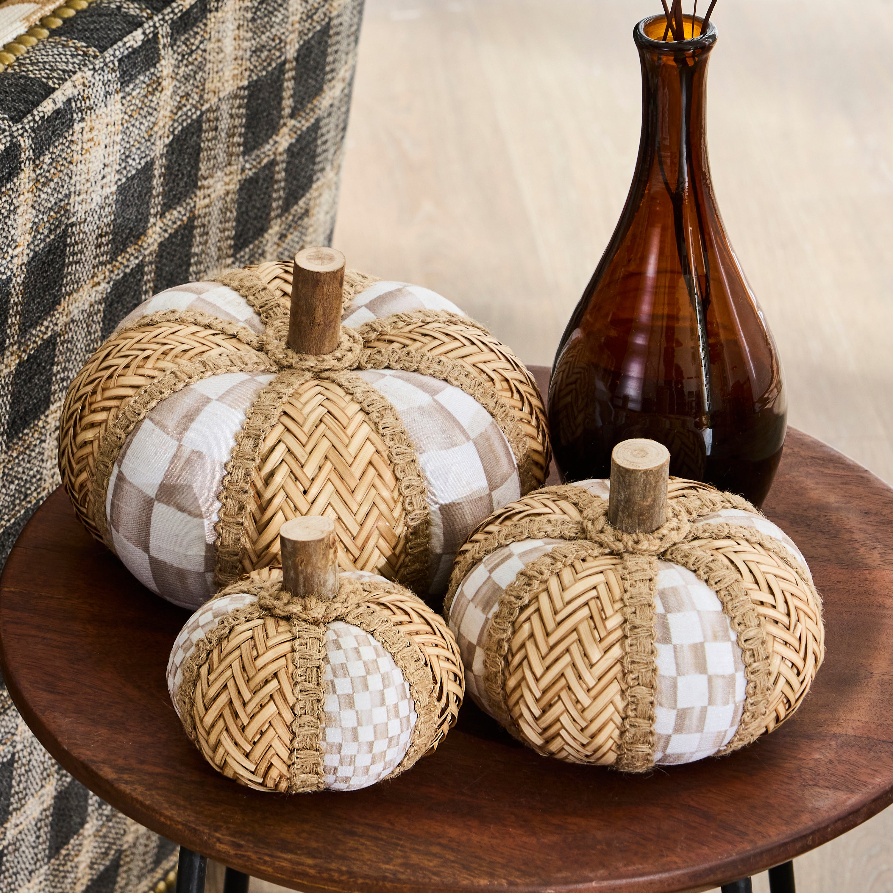MacKenzie-Childs | Mocha Check Rattan Pumpkins, Set of 3