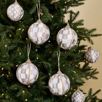 Mocha Check Fabric Large Ball Ornaments, Set of 4