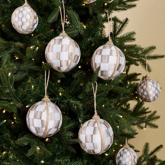 Mocha Check Fabric Large Ball Ornaments, Set of 4 image number 1