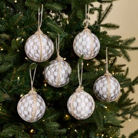 Mocha Check Fabric Medium Ball Ornaments, Set of 6