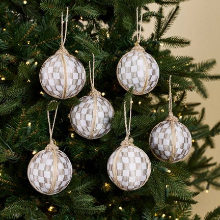 Mocha Check Fabric Medium Ball Ornaments, Set of 6
