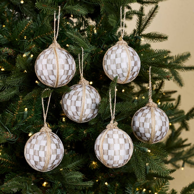 Mocha Check Fabric Medium Ball Ornaments, Set of 6 image number 1
