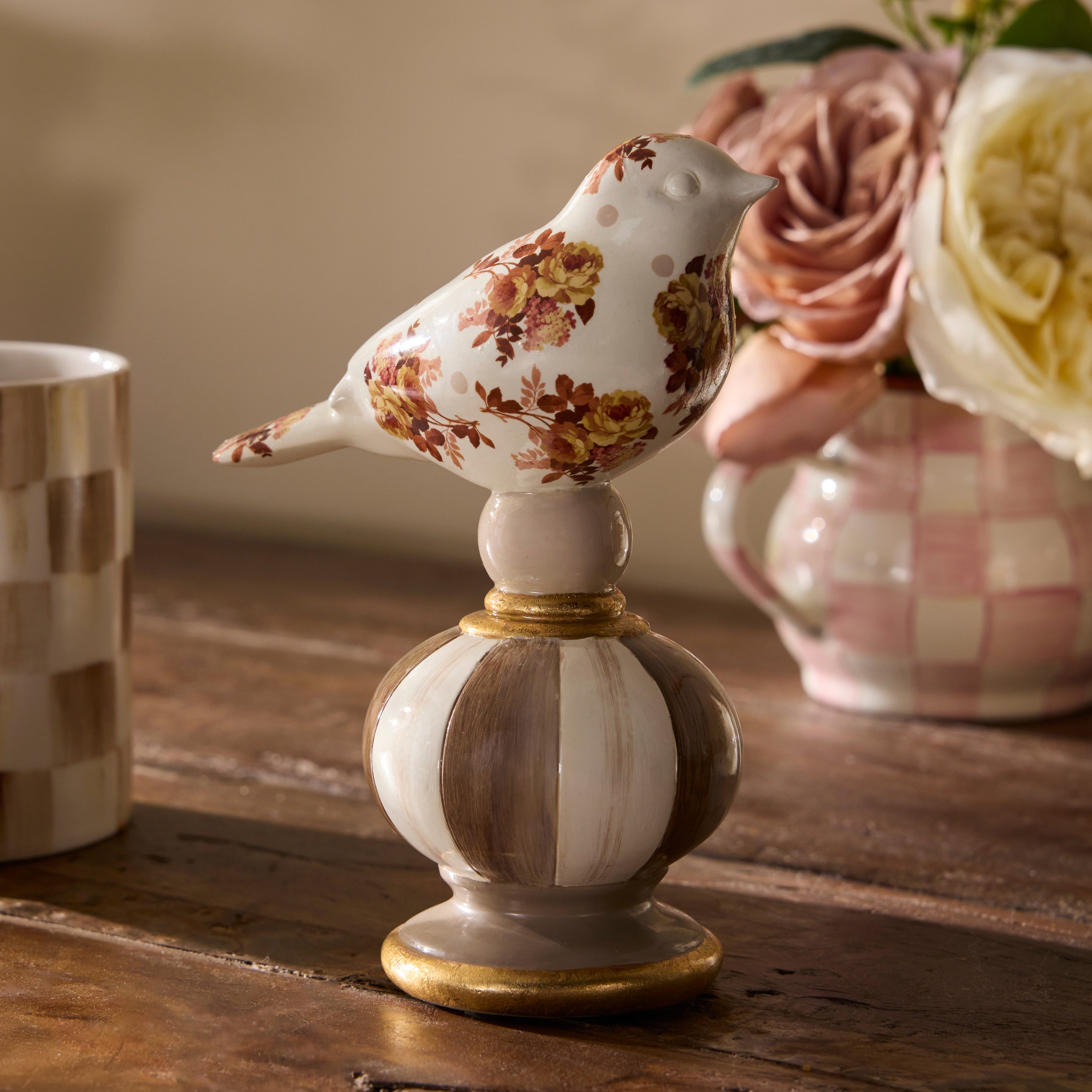 MacKenzie-Childs | Mocha Wild Rose Bird Topiaries, Set of 2