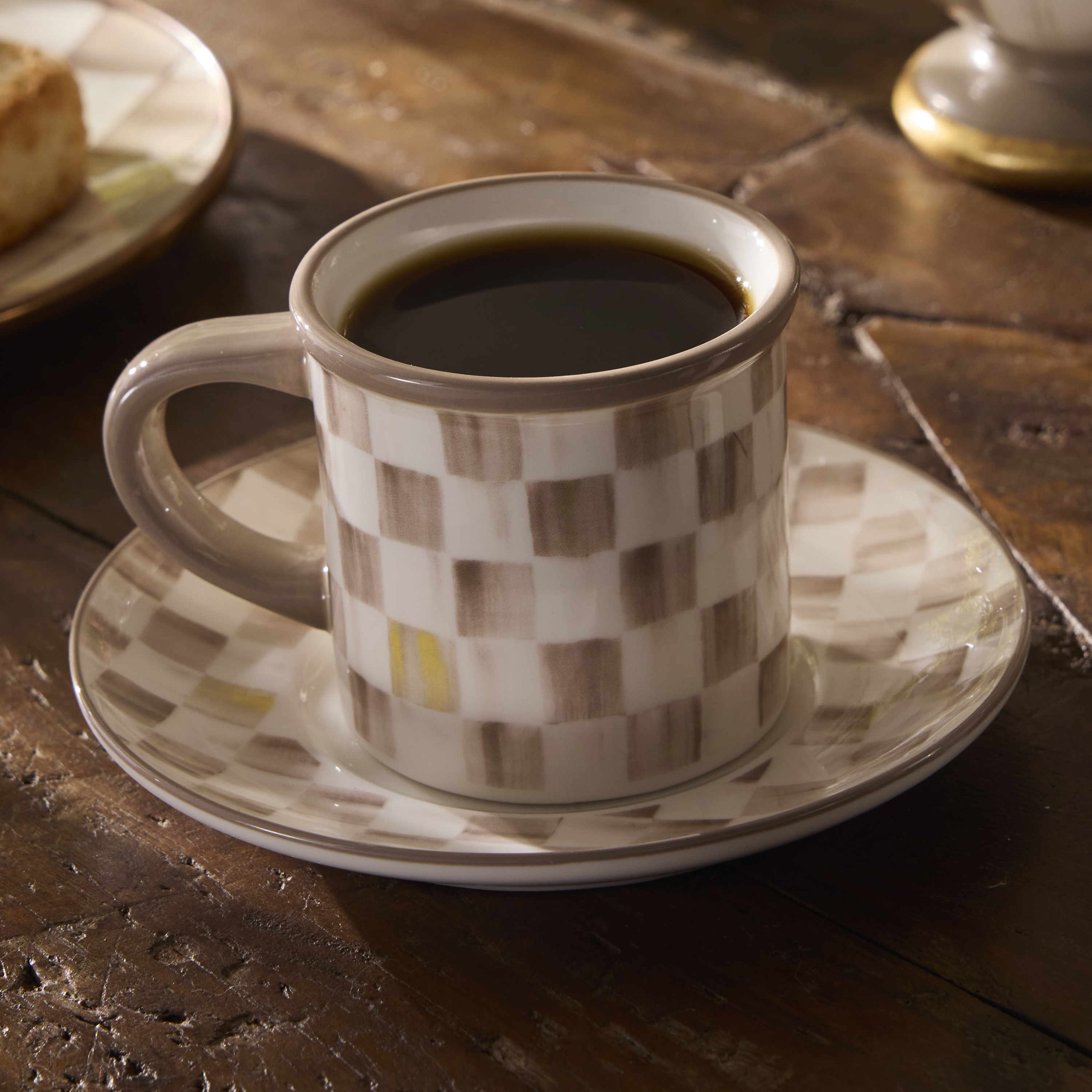 MacKenzie-Childs | Mocha Check Espresso Cup & Saucer, Set of 2