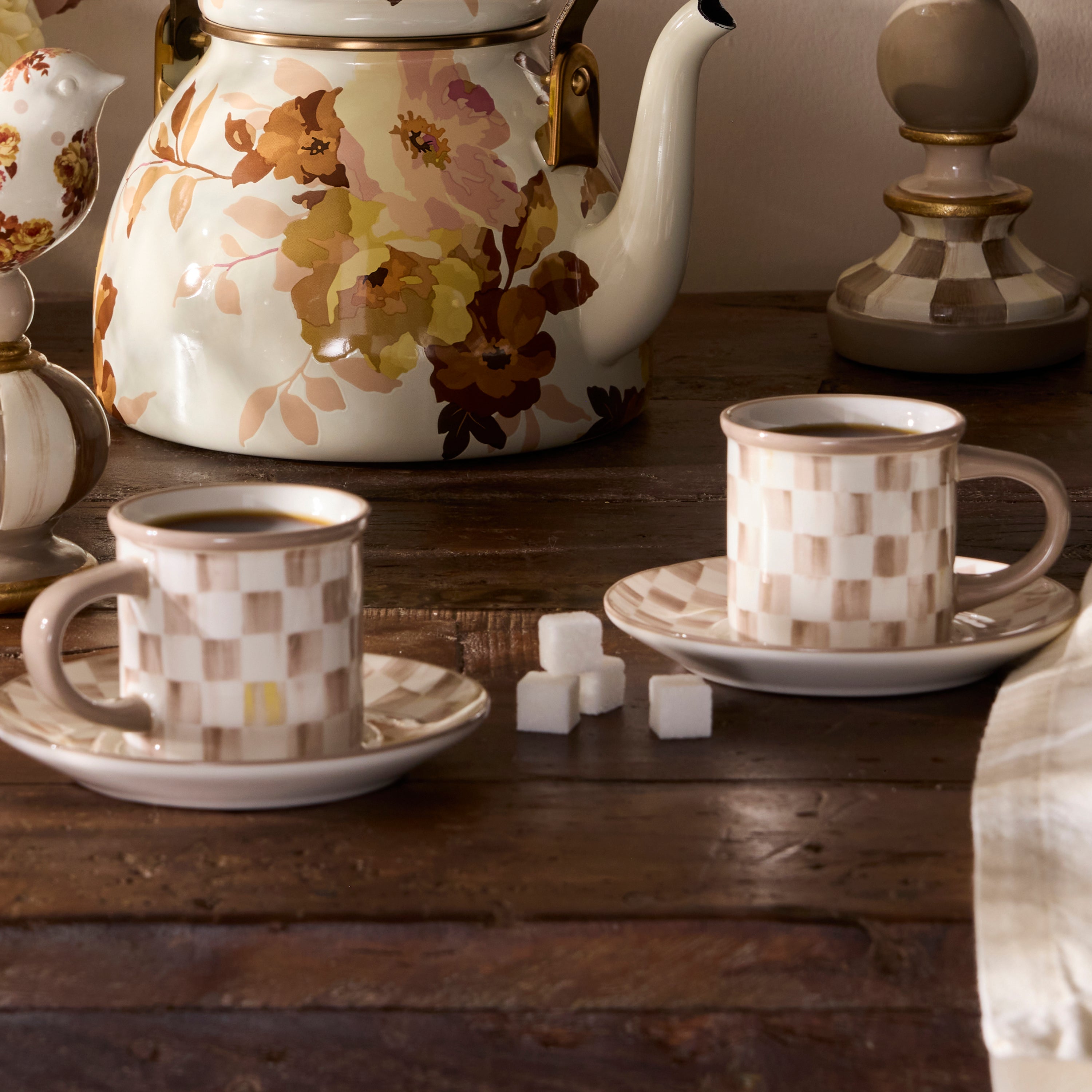 MacKenzie-Childs | Mocha Check Espresso Cup & Saucer, Set of 2
