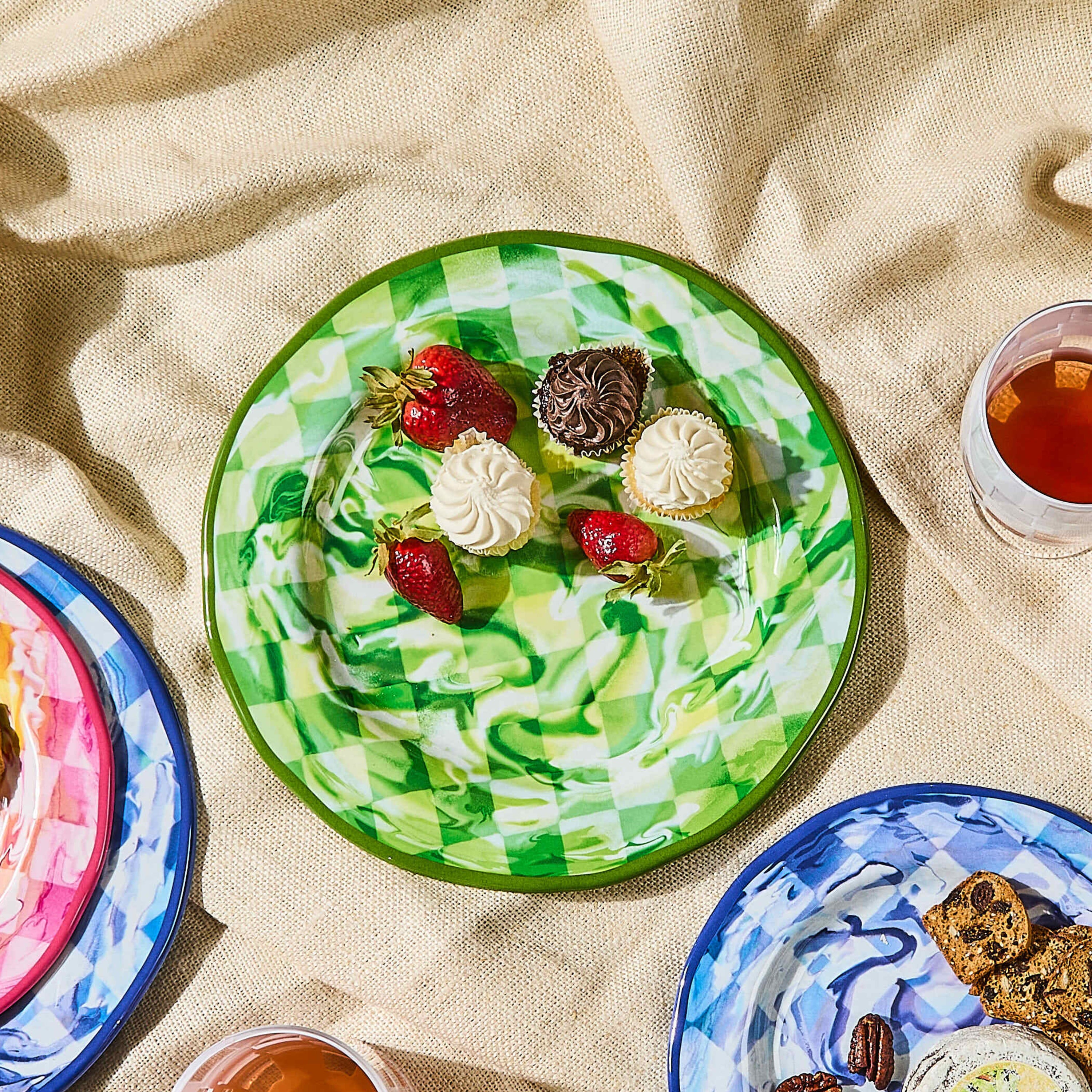 MacKenzie-Childs | Green Marble Check Melamine Dinner Plates, Set of 4