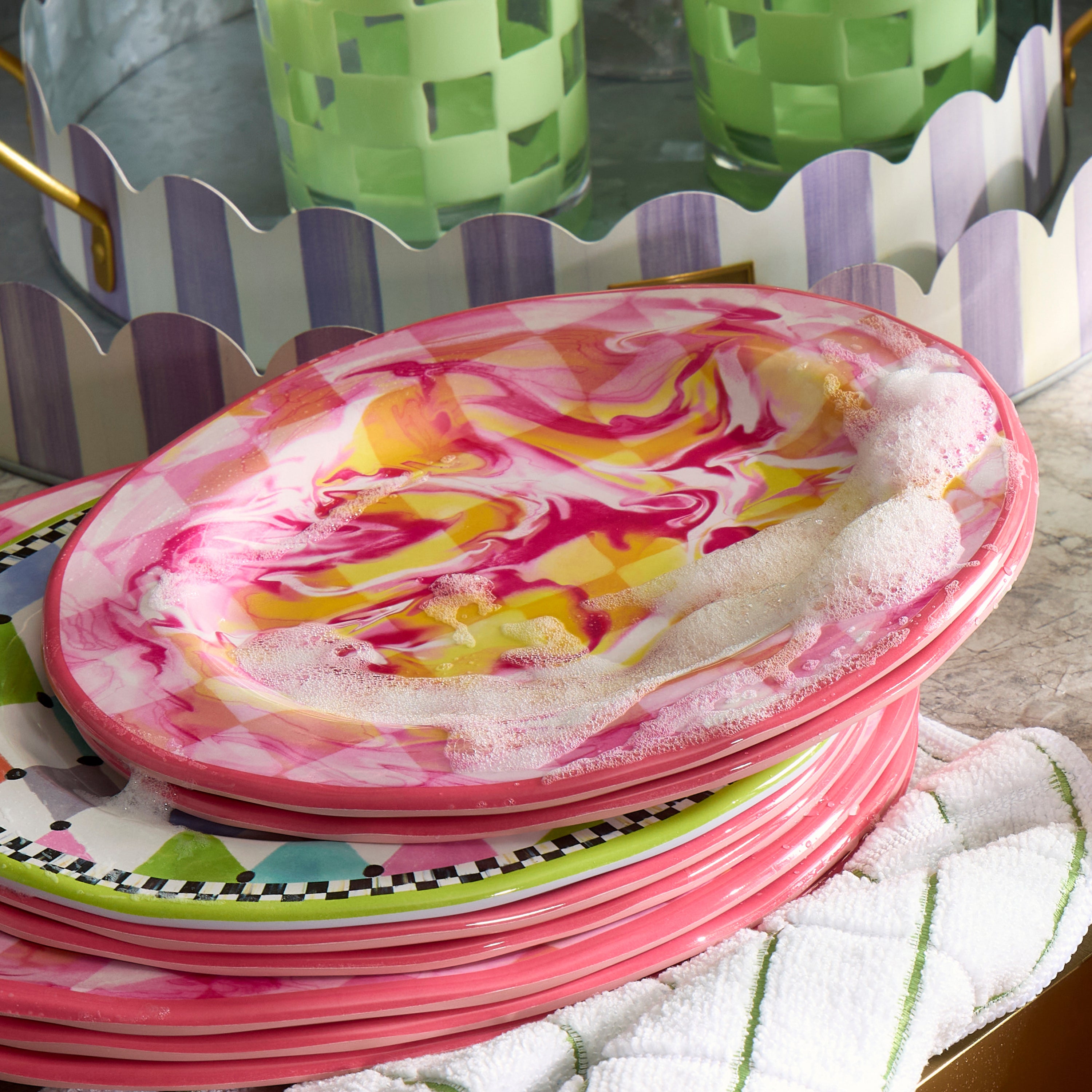 MacKenzie-Childs | Pink Marble Check Melamine Salad Plates, Set of 4