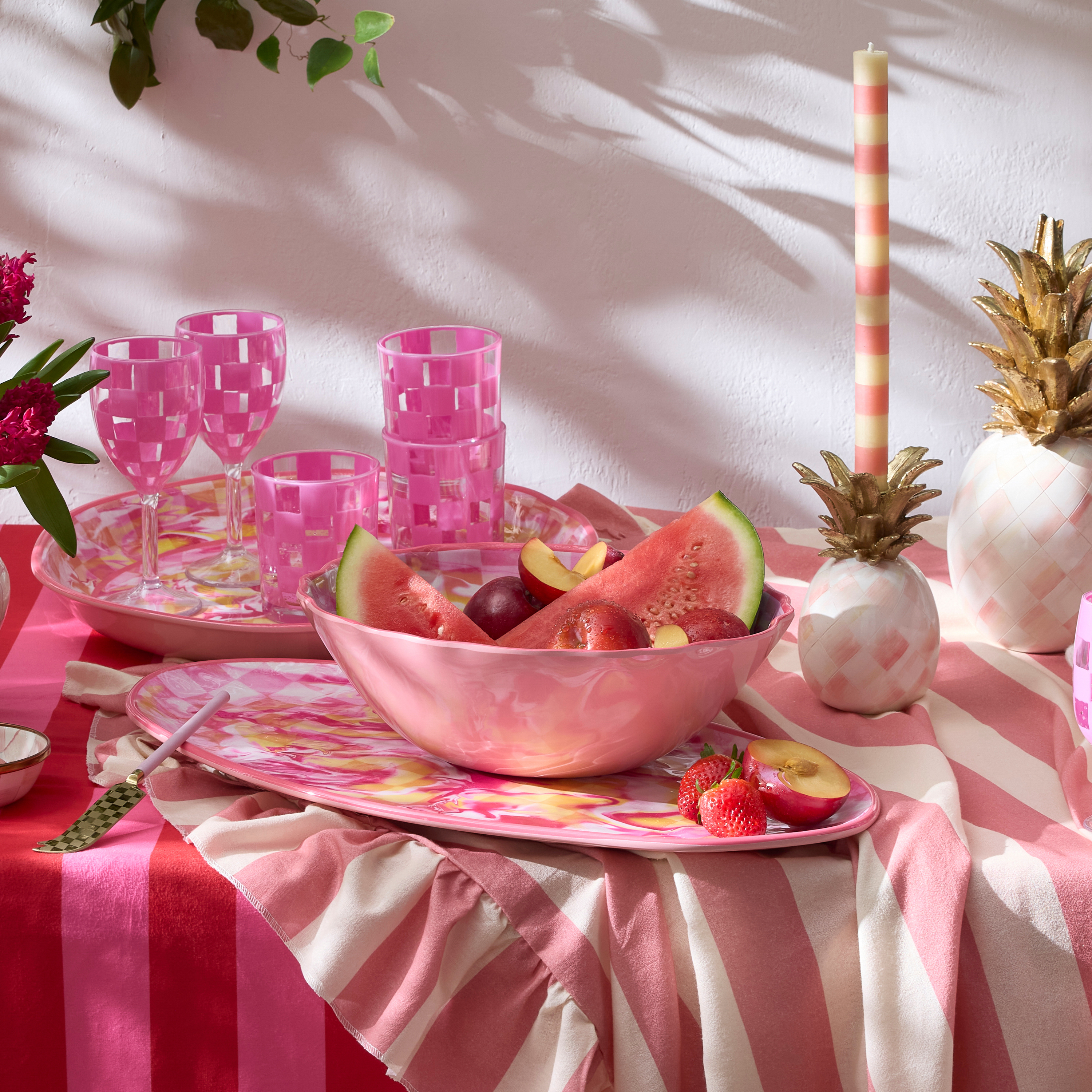 MacKenzie-Childs | Pink Marble Check Melamine Serving Bowl