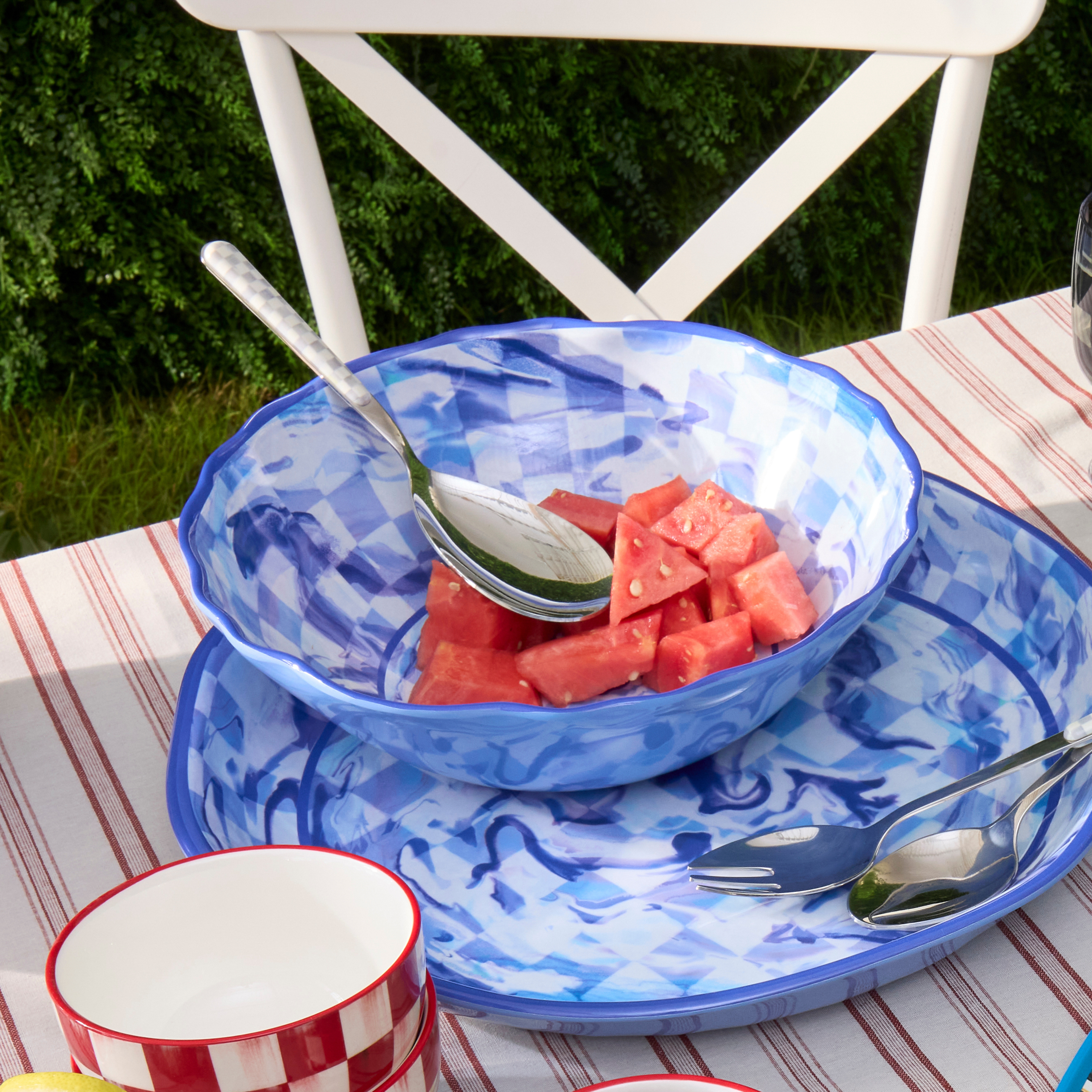 MacKenzie-Childs | Blue Marble Check Melamine Serving Bowl