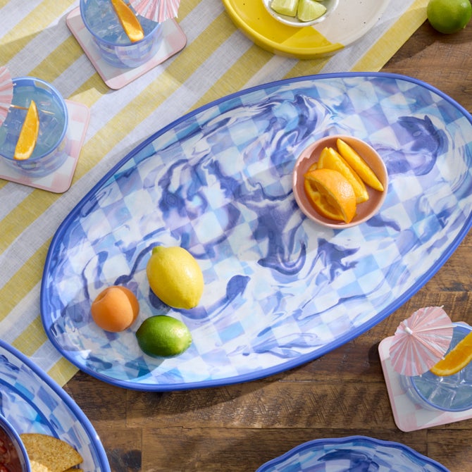 Blue Marble Check Melamine Oval Platter image number 1