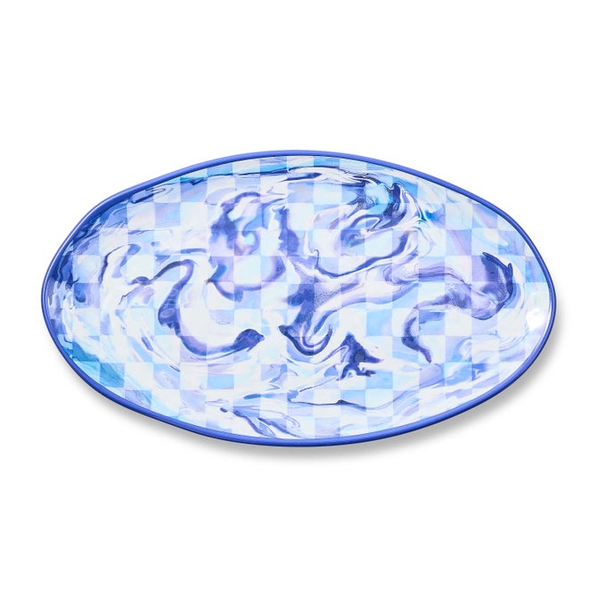 Blue Marble Check Melamine Oval Platter image number 0