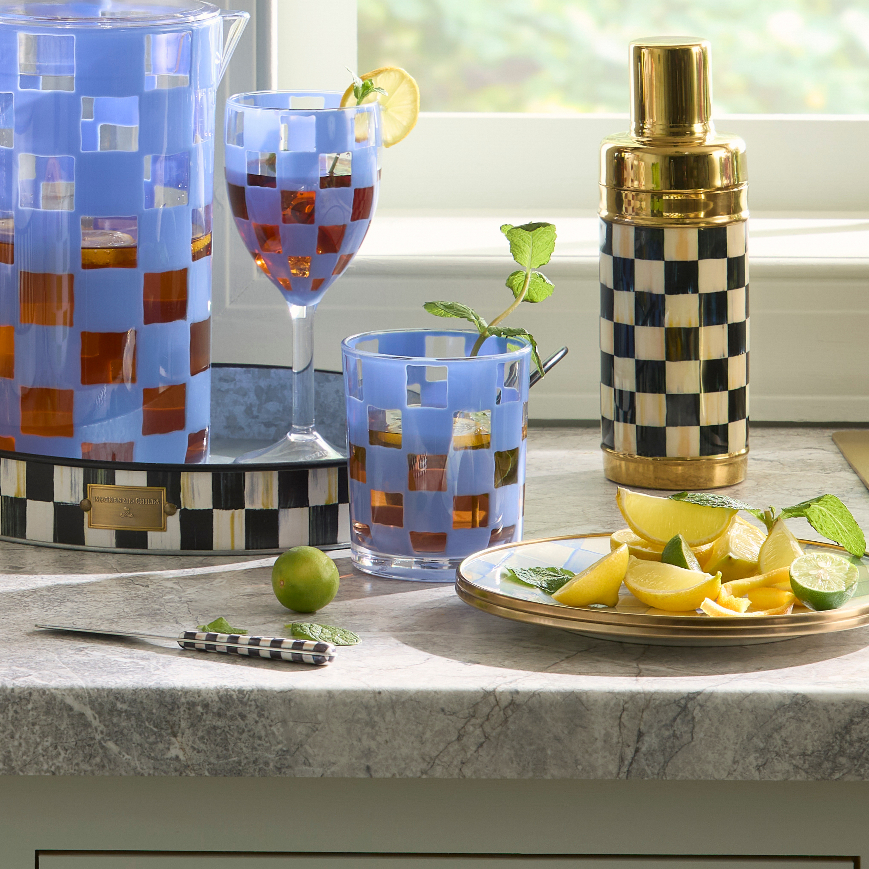 MacKenzie-Childs | Blue Check Acrylic Tumblers, Set of 4