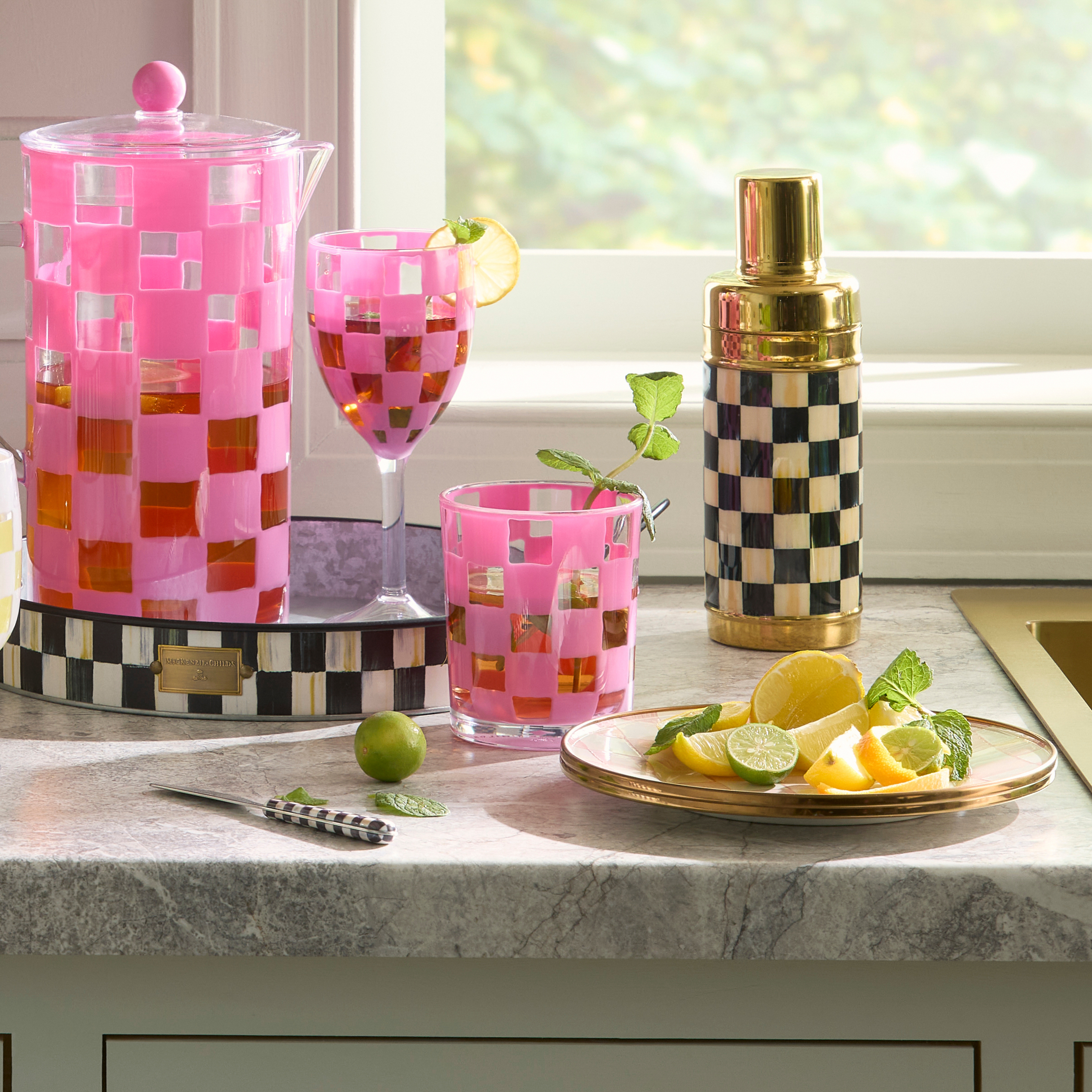MacKenzie-Childs | Pink Check Acrylic Tumblers, Set of 4