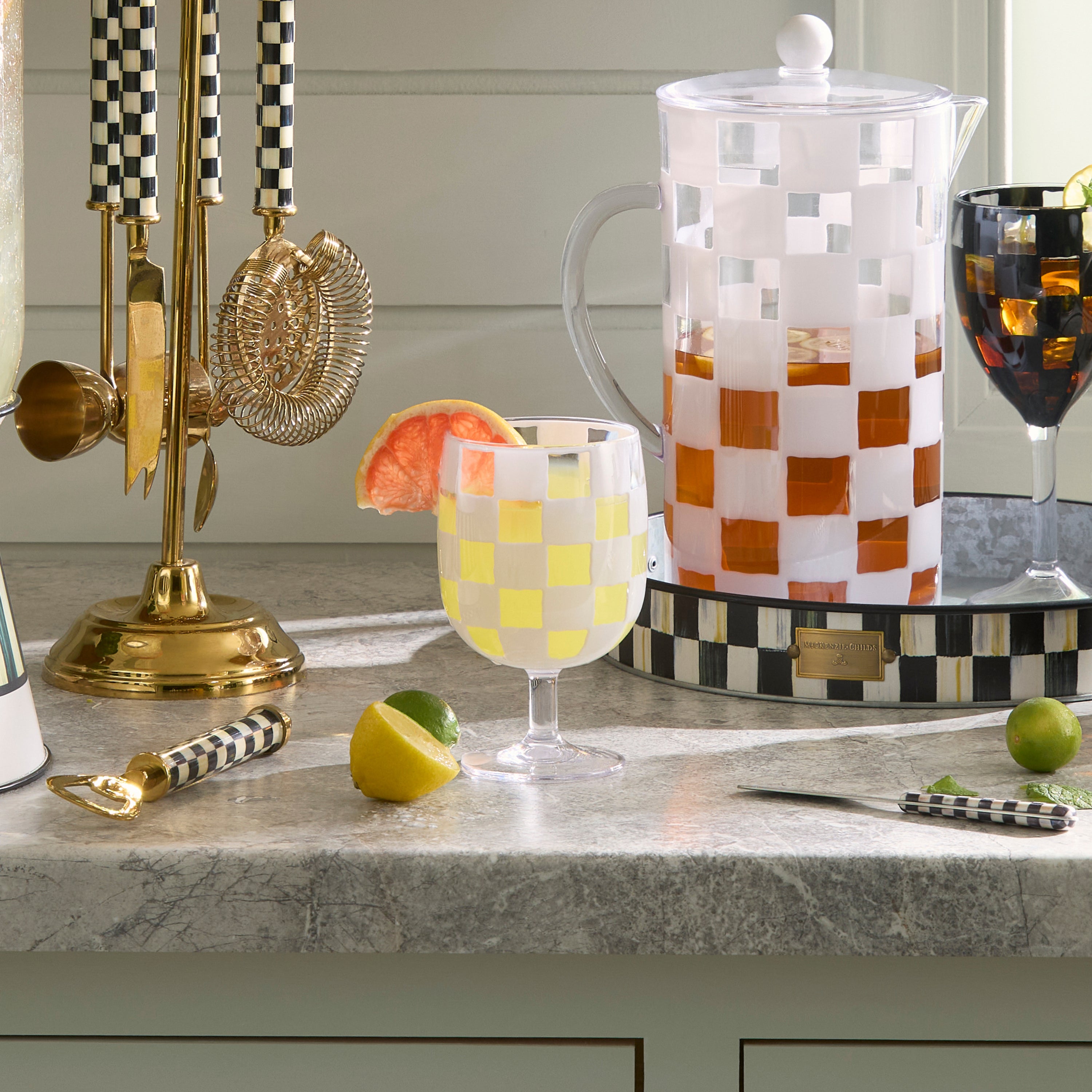 MacKenzie-Childs | White Check Acrylic Water Goblets, Set of 4